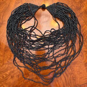 Oversized Multi-Strand Beaded Bib Necklace – Deep Navy Statement